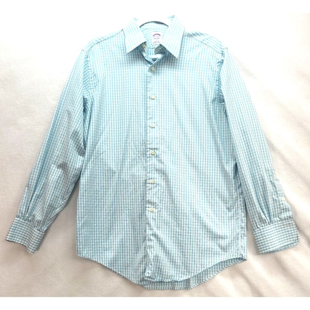 Mens Brooks‎ Brothers Aqua Blue Gingham Pattern Butron Up Shirt 15½-34